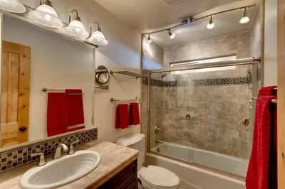 a bathroom with a sink and a shower and a toilet at Tall Pine Chalet in Stateline
