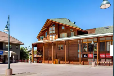 a large wooden building on a street corner at Downtown Penthouse in South Lake Tahoe