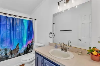 a bathroom with a sink and a toilet and a mirror at Cozy Cabin on 10 acres in Pilot Hill