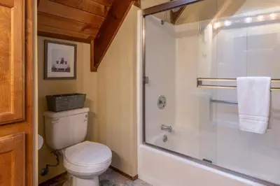 a bathroom with a toilet and a shower at North Shore - Pinetree Paradise in Tahoe Vista