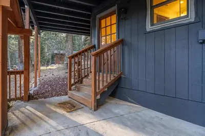 a wooden staircase on the side of a house at North Shore - Pinetree Paradise in Tahoe Vista