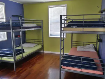 two bunk beds in a room with green walls at Yosemite International Hostel in Groveland