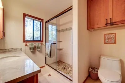 a bathroom with a shower and a toilet and a sink at Home 1 Mi to Downhill Ski Resort Bring Your Pets! in Truckee