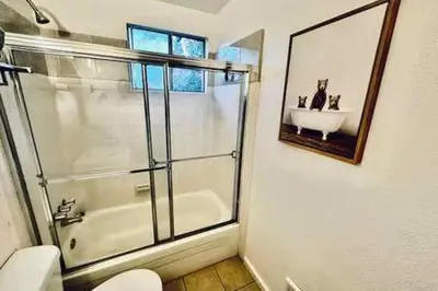 a bathroom with a shower and a toilet and a sink at Red Door Cottage Fireplace bbq 12 mi to Yosemite in Oakhurst