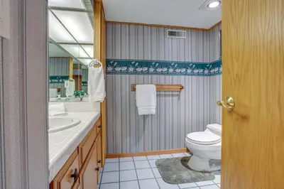 a bathroom with a toilet and a sink and a mirror at 4 Mi to Slopes Family-Friendly Stateline Home! in Stateline