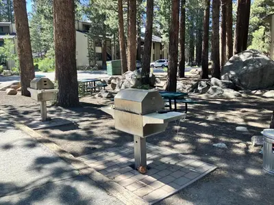 a park with a grill and picnic tables and trees at Horizons 4 101 in Mammoth Lakes