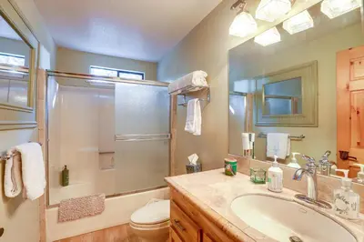 a bathroom with a shower and a sink and a toilet at Less Than 1 Mi to Lake Tahoe Beaches Home with Fire Pit! in Tahoe City