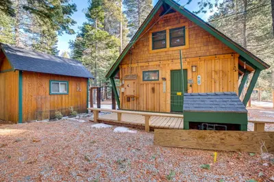 a cabin in the woods with a green door at Less Than 1 Mi to Beach Peaceful Studio with Deck in Tahoma in Tahoma