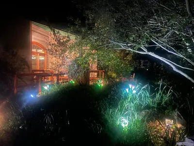 a house with christmas lights in the yard at night at RiverFront Retreat- Spa/Hot tub, Game Room, Limited Gym in Three Rivers