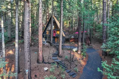a tree house in the middle of the woods at 3 Mi to Calaveras Big Trees Cabin with Fire Pit! in Arnold