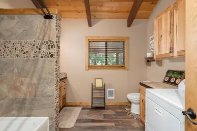 a bathroom with a shower and a toilet at Peaceful Pinecone in Dorrington