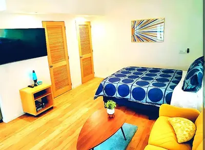 a bedroom with a bed and a tv and a couch at Retro Casita on the River! only 1 min to SNP gate! Riverfront with swimming in Three Rivers