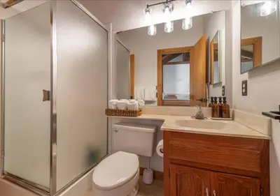 a bathroom with a toilet and a shower and a sink at Northstar Resort Condo for 8 Free Shuttle in Truckee