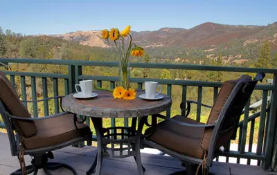 a table with a vase of flowers on a balcony at Bella Vista Bed and Breakfast in Coloma