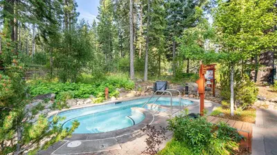 a swimming pool in the middle of a yard with trees at In Northstar Ski Resort Game Room Family-Friendly Dakine Haus by AvantStay in Truckee