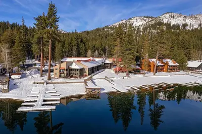 an aerial view of a resort on a lake at Charming Studio Deluxe w/Full Kitchen #115 at Donner Lake Village in Truckee