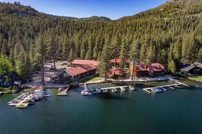 an aerial view of a marina with boats in the water at Modern Studio w/Balcony #211 at Donner Lake Village in Truckee