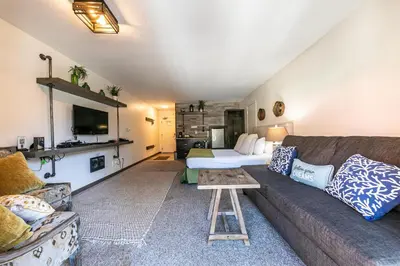 a living room with a couch and a bed at Modern Studio Deluxe #231 at Donner Lake Village in Truckee