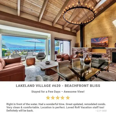 a living room with a couch and a table at Lakeland Village 620 - Beachfront Bliss in South Lake Tahoe
