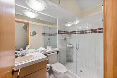 a bathroom with a shower and a toilet and a sink at Palisades Tahoe Lodge Rentals Studio Loft #315 in Olympic Valley