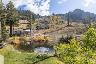 a pond in the middle of a field with trees at Palisades Tahoe Lodge Rentals Studio Loft #353 in Olympic Valley