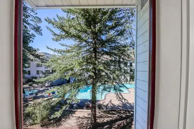 a framed picture of a tree next to a pool at Palisades Tahoe Lodge Rentals Studio #203 in Olympic Valley