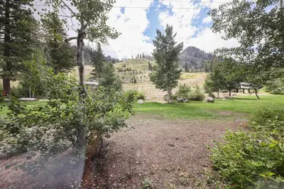 a field with trees and a mountain in the background at Palisades Tahoe Lodge Rentals Studio #155 in Olympic Valley