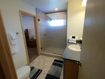 a bathroom with a shower and a toilet and a sink at Rr-johnson Suite in June Lake
