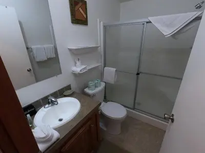 a bathroom with a shower and a toilet and a sink at Rr-kenton Hs in June Lake