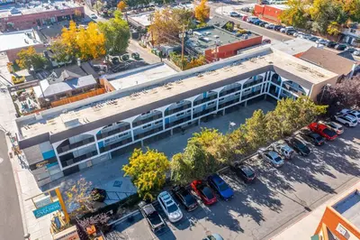 an overhead view of a parking lot next to a building at Modern Haven: Chic Studio Getaway in Reno