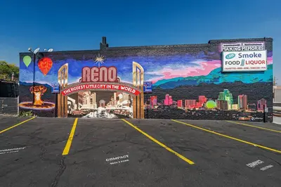 a building with a mural on the side of it at Stylish-Serene Midtown Getaway: Retreat for Two in Reno