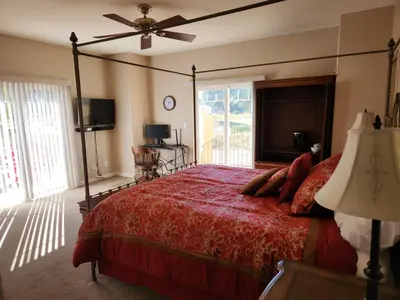 a bedroom with a bed and a ceiling fan at Master Suite Fraser Family Vineyard Stay in Amador in Plymouth
