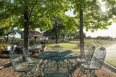 a table and chairs with a table and trees at Balcony Suite Fraser Family Vineyard Stay in Amador in Plymouth