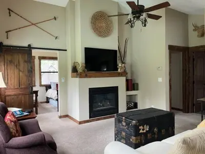 a living room with a fireplace and a tv at Cabin in the Woods in Tahoe Vista