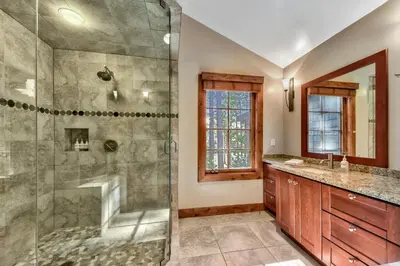 a bathroom with a shower and a sink at Sierra Shores Four - Lakefront Vistas in South Lake Tahoe