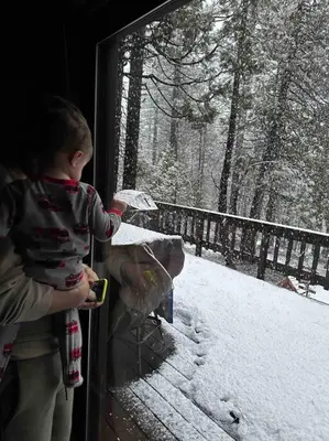 a woman holding a child looking out a window at a bird at *Pinecone Hollow*Hot Tub & Game Room, Families in Arnold