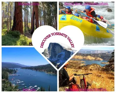 a collage of photos of a man in a raft in a river at Yosemite's Scenic Hideaway in Midpines