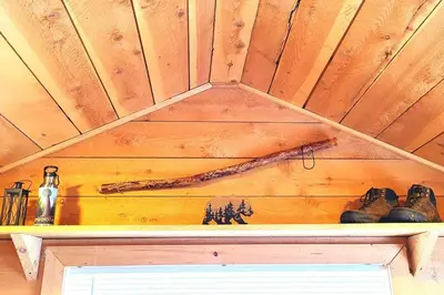 a shelf in a cabin with shoes and a ceiling at Sequoia Splendor, inside Kings Canyon NP by Visitors Center in Wilsonia
