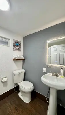 a bathroom with a white toilet and a sink at Budget Motel in Gilroy
