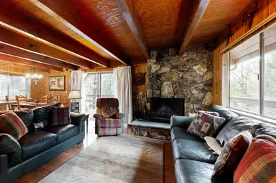 a living room with leather couches and a stone fireplace at Cardinal's Nest in Groveland