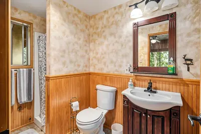 a bathroom with a toilet and a sink and a mirror at The Cozy Cabin - 2-Level Home with Spacious Yard home in Groveland