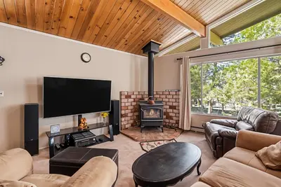 a living room with a television and a fireplace at The Cozy Cabin - 2-Level Home with Spacious Yard home in Groveland