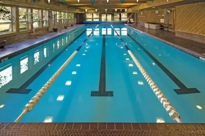 an overhead view of an indoor swimming pool at Sierra Park Road #150 condo in Mammoth Lakes
