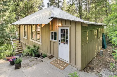 a green tiny house with a white door at 8 Mi to Yosemite National Park Cabin with Fire Pit in Oakhurst