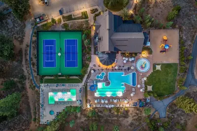 an overhead view of a building with a pool at The Cottages - Ski Shuttle, Ski Valet - 2-Bedroom in Truckee