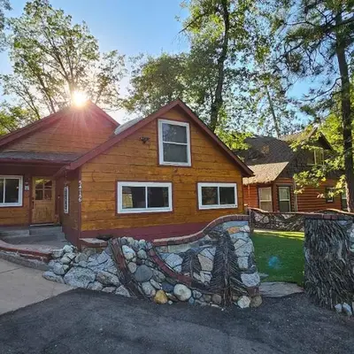 Knotty Pine Cabin with Artisan Stone Patio - Walk to Bass Lake