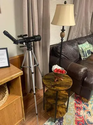 a camera on a tripod in a living room with a bowl of fruit at Camp Cocktail - Cabin in the Heart of the Sierra, Arnold, CA in Arnold