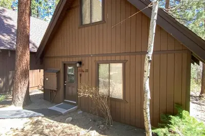 a brown house with a door and trees at Tranquil Family Cabin in Incline Village