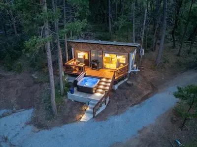an overhead view of a tiny house with a hot tub at Tiny home with spa/firepit/and more in Oakhurst