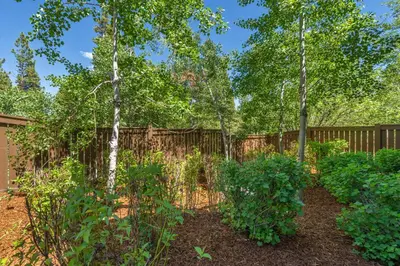a garden with trees and a fence at Luxury Northstar Home Walk to Lifts Private Hot-Tub Fenced-In Yard Book on Mobile for Promo Price in Truckee